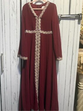 Alpine Maroon Maxi Dress with Gold Trim